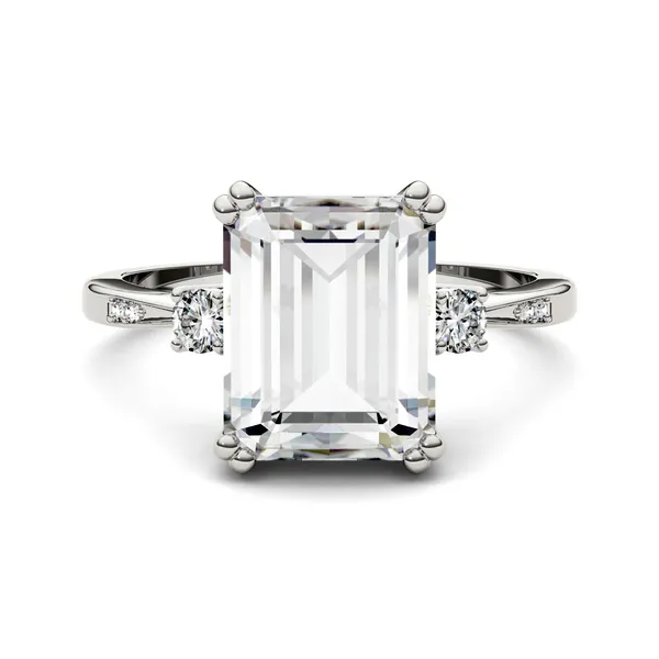3.69 CTW DEW Emerald Forever One Moissanite Solitaire with Side Accents Engagement Ring in 14K White Gold