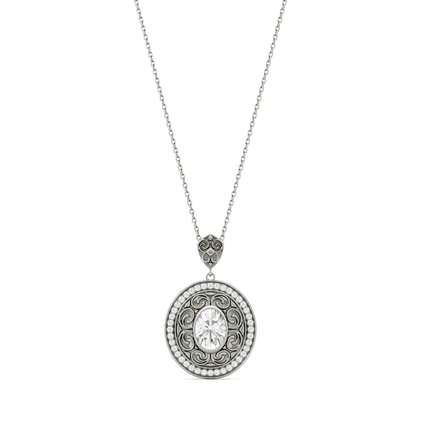 1.70 CTW DEW Oval Forever One Moissanite Oval with Scroll Detail Necklace in 14K White Gold