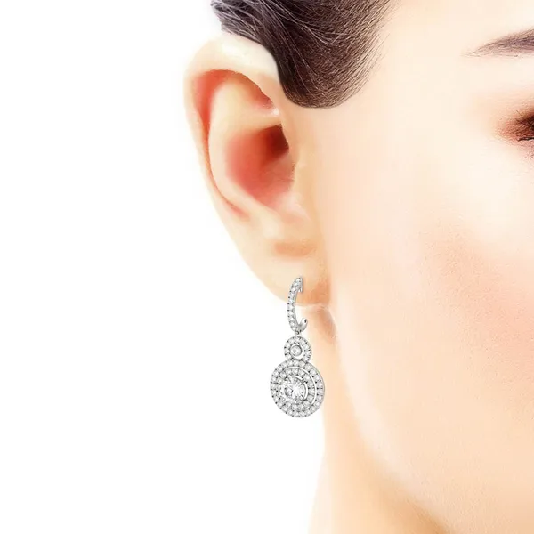 2.82 CTW DEW Round Forever One Moissanite Double Halo Drop Earrings in 14K White Gold