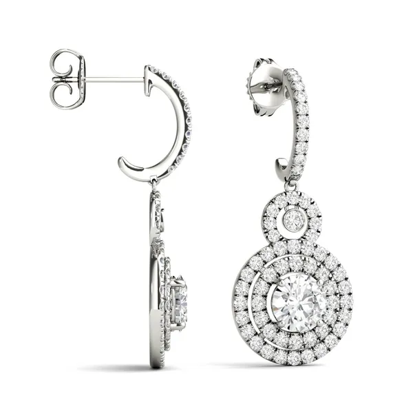2.82 CTW DEW Round Forever One Moissanite Double Halo Drop Earrings in 14K White Gold