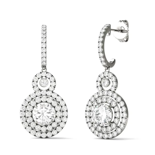 2.82 CTW DEW Round Forever One Moissanite Double Halo Drop Earrings in 14K White Gold