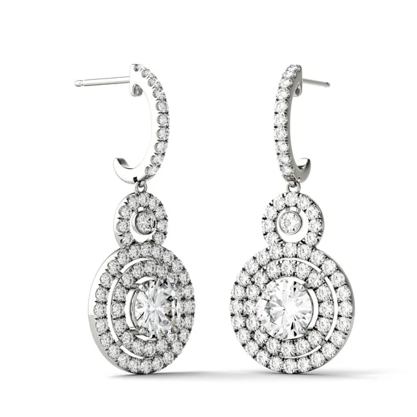2.82 CTW DEW Round Forever One Moissanite Double Halo Drop Earrings in 14K White Gold
