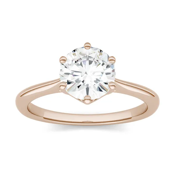 1.50 CTW DEW Round Forever One Moissanite Six Prong Solitaire Trellis Engagement Ring in 14K Rose Gold