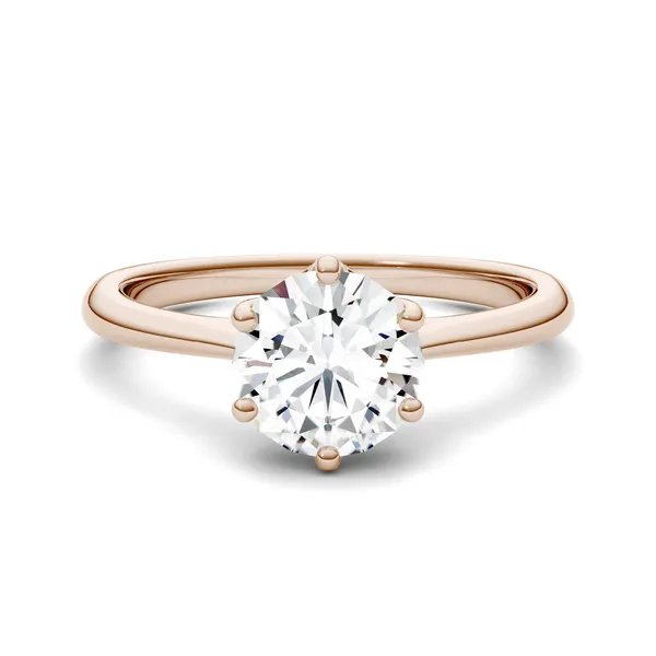 1.50 CTW DEW Round Forever One Moissanite Six Prong Solitaire Trellis Engagement Ring in 14K Rose Gold