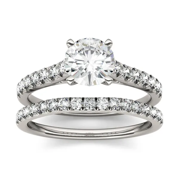 1.61 CTW DEW Round Forever One Moissanite Solitaire with Side Accents Bridal Set Ring in 14K White Gold