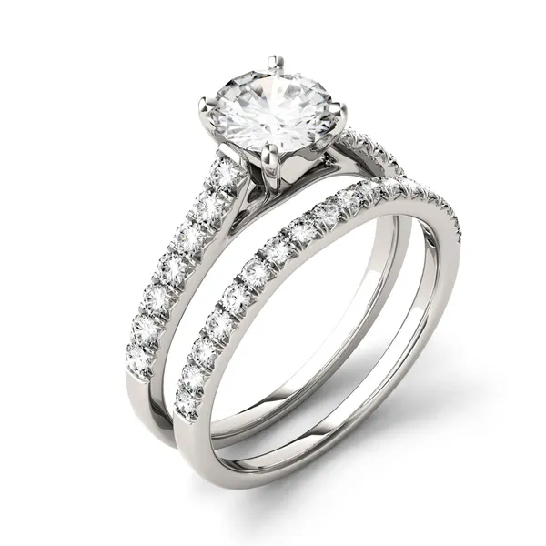 2.11 CTW DEW Round Forever One Moissanite Solitaire with Side Accents Bridal Set Ring in 14K White Gold