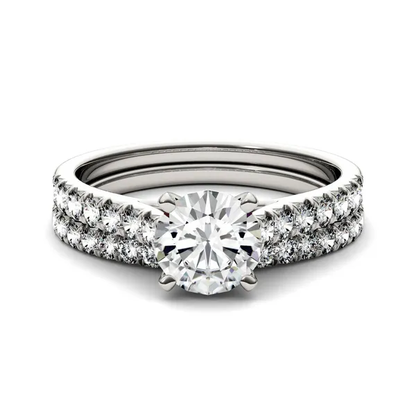 2.11 CTW DEW Round Forever One Moissanite Solitaire with Side Accents Bridal Set Ring in 14K White Gold
