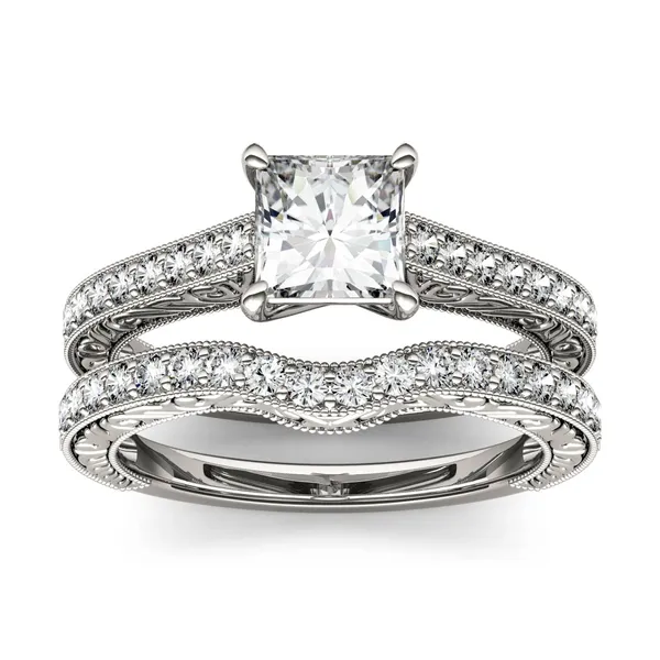 1.51 CTW DEW Princess Forever One Moissanite Solitaire with Carved Detail Bridal Set Ring in 14K White Gold