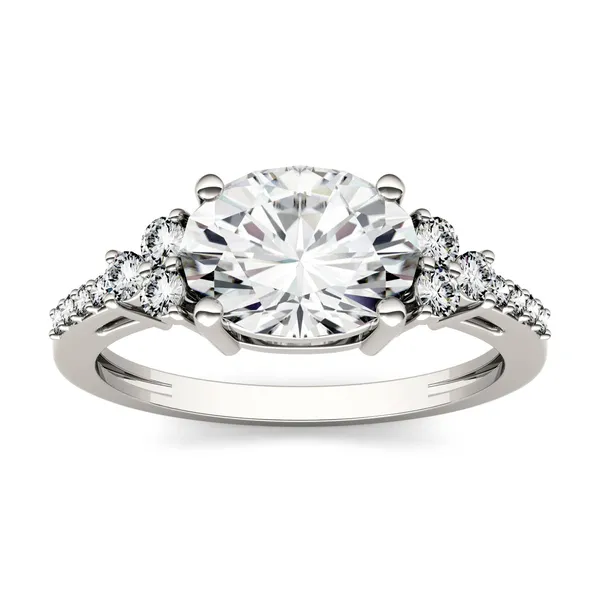 2.30 CTW DEW Oval Forever One Moissanite East-West with Side Accents Engagement Ring in 14K White Gold