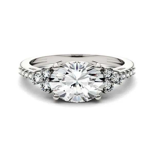 2.30 CTW DEW Oval Forever One Moissanite East-West with Side Accents Engagement Ring in 14K White Gold