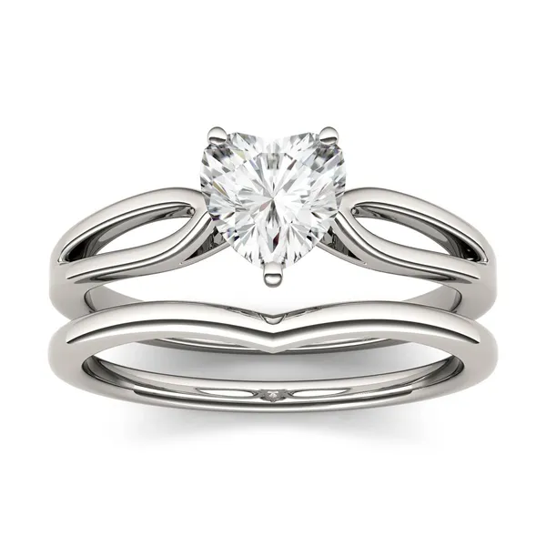 0.80 CTW DEW Heart Forever One Moissanite Split Shank Solitaire Bridal Set Ring in 14K White Gold