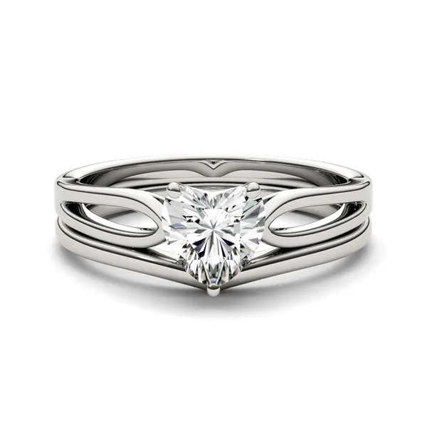 0.80 CTW DEW Heart Forever One Moissanite Split Shank Solitaire Bridal Set Ring in 14K White Gold