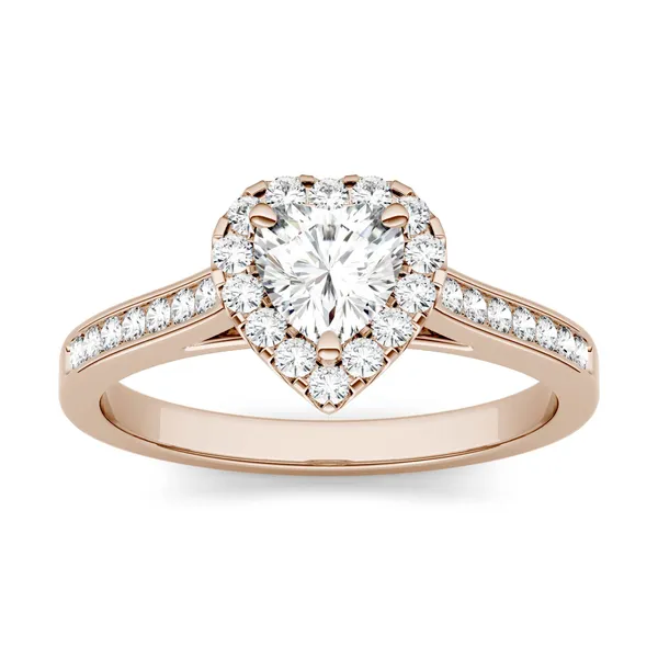 1.15 CTW DEW Heart Forever One Moissanite Halo Engagement with Side Accents Ring in 14K Rose Gold