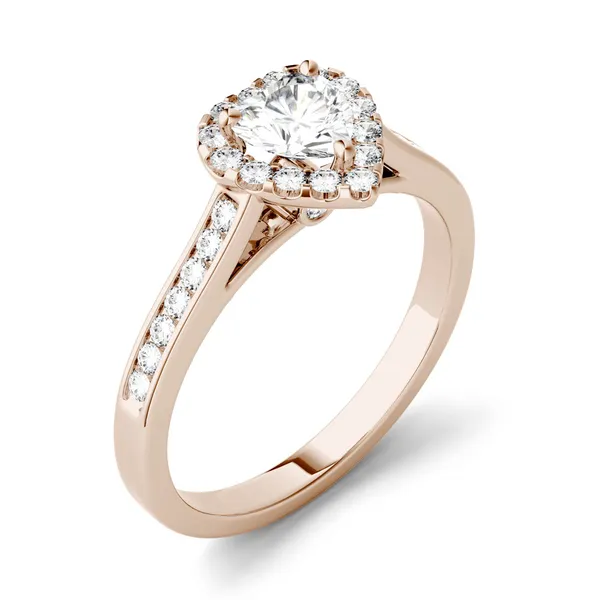 1.15 CTW DEW Heart Forever One Moissanite Halo Engagement with Side Accents Ring in 14K Rose Gold