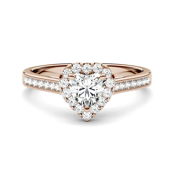 1.15 CTW DEW Heart Forever One Moissanite Halo Engagement with Side Accents Ring in 14K Rose Gold