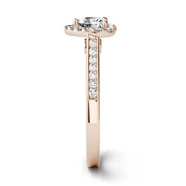 1.15 CTW DEW Heart Forever One Moissanite Halo Engagement with Side Accents Ring in 14K Rose Gold