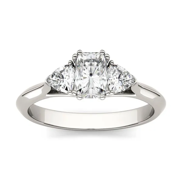 1.10 CTW DEW Radiant Forever One Moissanite Three Stone Engagement Ring in 14K White Gold