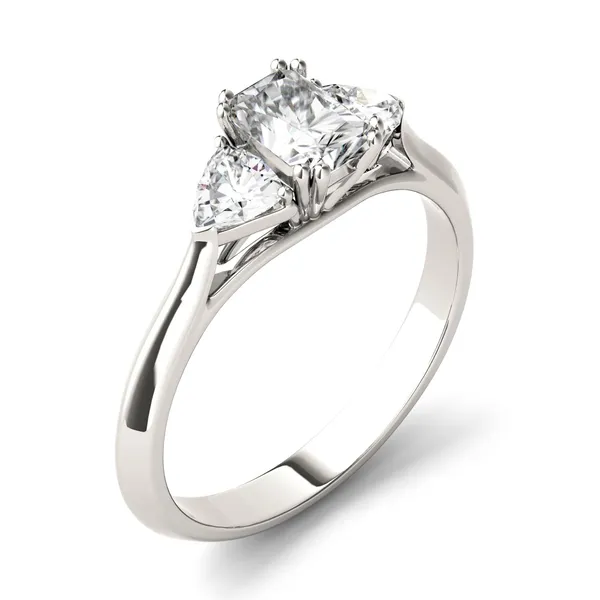 1.10 CTW DEW Radiant Forever One Moissanite Three Stone Engagement Ring in 14K White Gold