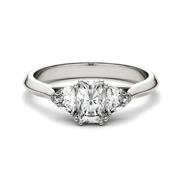 1.10 CTW DEW Radiant Forever One Moissanite Three Stone Engagement Ring in 14K White Gold