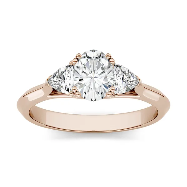 0.90 CTW DEW Oval Forever One Moissanite Three Stone Engagement Ring in 14K Rose Gold