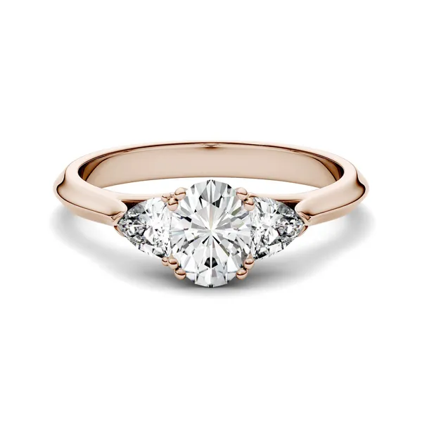 0.90 CTW DEW Oval Forever One Moissanite Three Stone Engagement Ring in 14K Rose Gold
