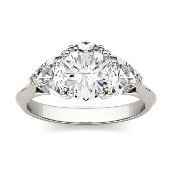 2.90 CTW DEW Oval Forever One Moissanite Three Stone Engagement Ring in 14K White Gold