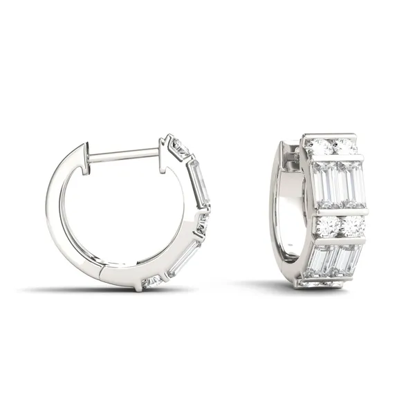 1.29 CTW DEW Straight Baguette Forever One Moissanite Double Row Hoop Earrings 14K White Gold