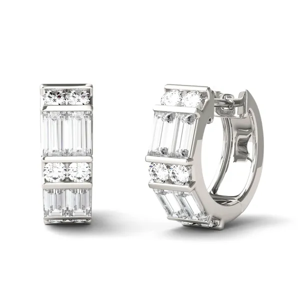 1.29 CTW DEW Straight Baguette Forever One Moissanite Double Row Hoop Earrings 14K White Gold