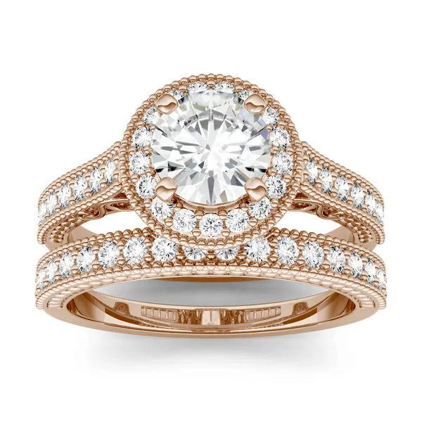 1.65 CTW DEW Round Forever One Moissanite Milgrain Halo Bridal Set Ring in 14K Rose Gold
