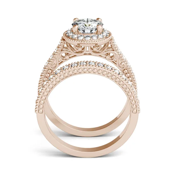 1.65 CTW DEW Round Forever One Moissanite Milgrain Halo Bridal Set Ring in 14K Rose Gold