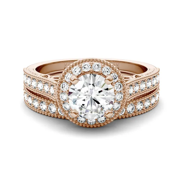 1.65 CTW DEW Round Forever One Moissanite Milgrain Halo Bridal Set Ring in 14K Rose Gold