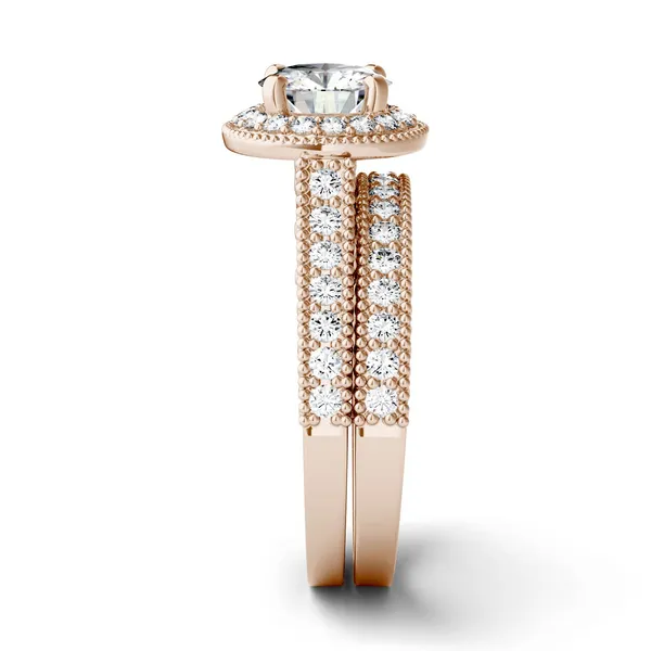 1.65 CTW DEW Round Forever One Moissanite Milgrain Halo Bridal Set Ring in 14K Rose Gold