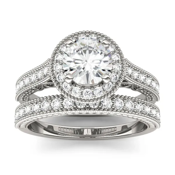 1.65 CTW DEW Round Forever One Moissanite Milgrain Halo Bridal Set Ring in 14K White Gold