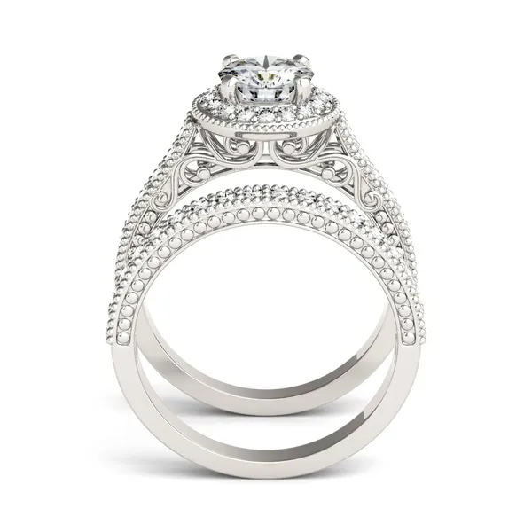 1.65 CTW DEW Round Forever One Moissanite Milgrain Halo Bridal Set Ring in 14K White Gold