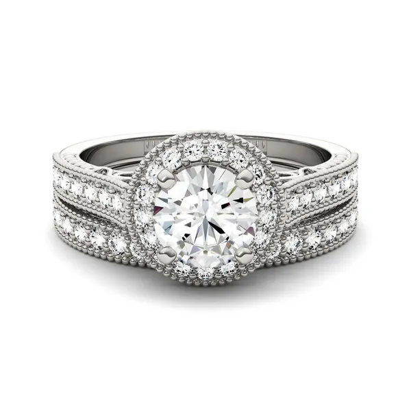 1.65 CTW DEW Round Forever One Moissanite Milgrain Halo Bridal Set Ring in 14K White Gold