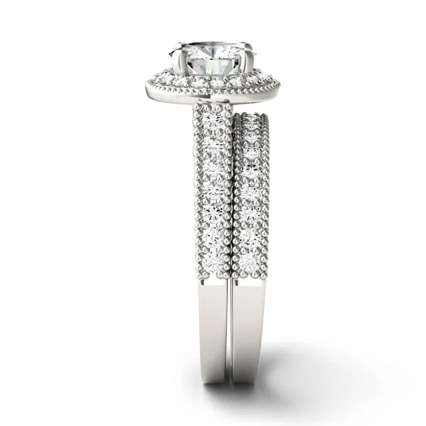 1.65 CTW DEW Round Forever One Moissanite Milgrain Halo Bridal Set Ring in 14K White Gold