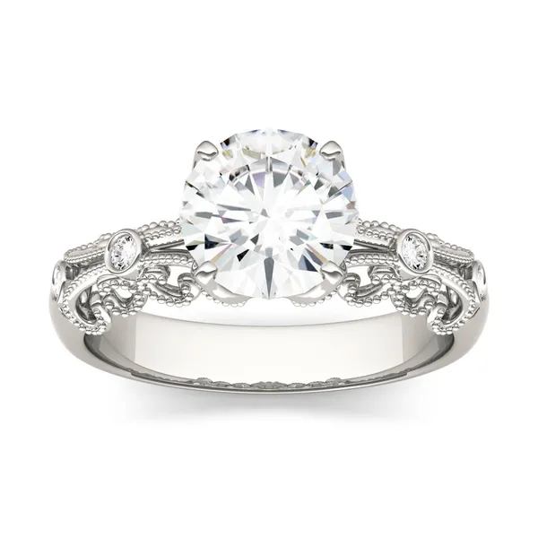 1.54 CTW DEW Round Forever One Moissanite Filigree Solitaire with Side Accents Ring in 14K White Gold