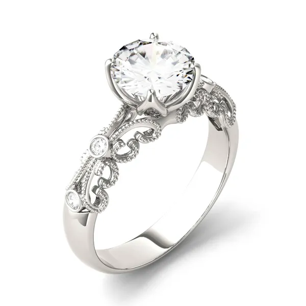 1.54 CTW DEW Round Forever One Moissanite Filigree Solitaire with Side Accents Ring in 14K White Gold