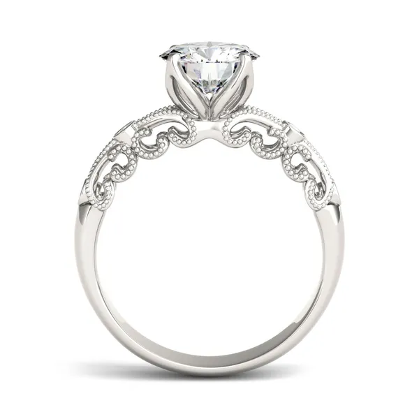 1.54 CTW DEW Round Forever One Moissanite Filigree Solitaire with Side Accents Ring in 14K White Gold