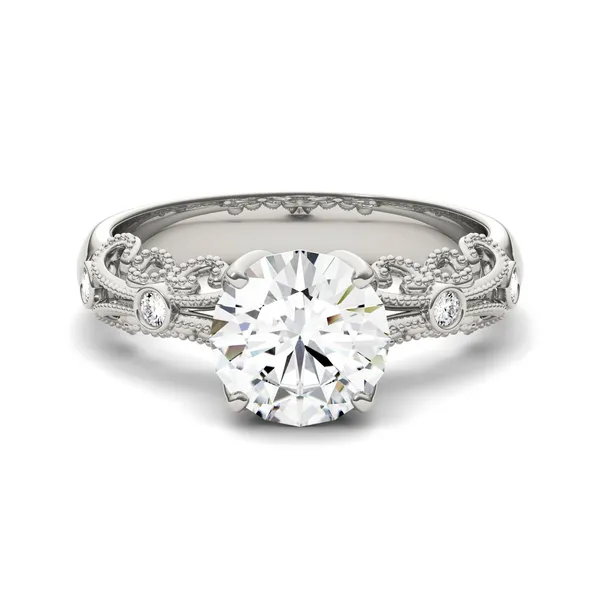 1.54 CTW DEW Round Forever One Moissanite Filigree Solitaire with Side Accents Ring in 14K White Gold