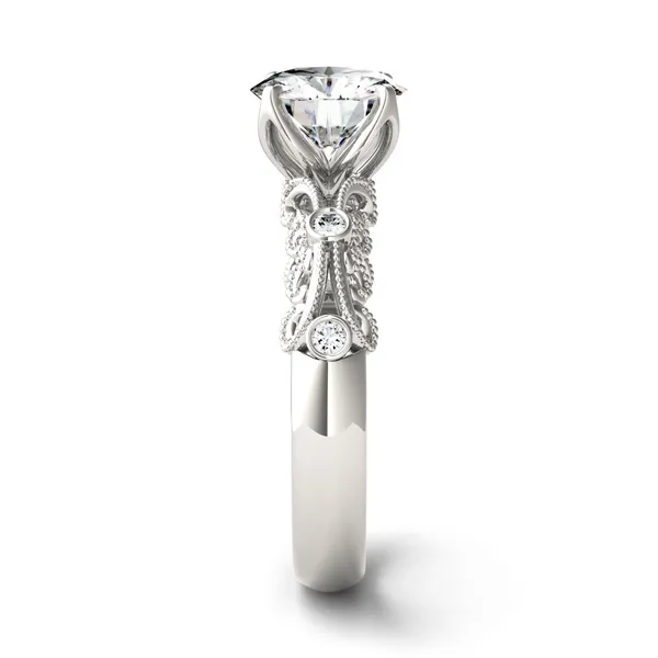1.54 CTW DEW Round Forever One Moissanite Filigree Solitaire with Side Accents Ring in 14K White Gold