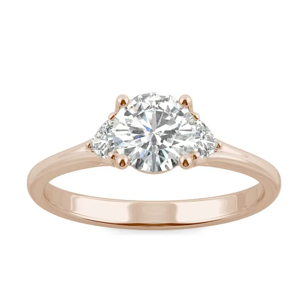 0.99 CTW DEW Round Forever One Moissanite Hearts & Arrows Round Three Stone Ring in 14K Rose Gold