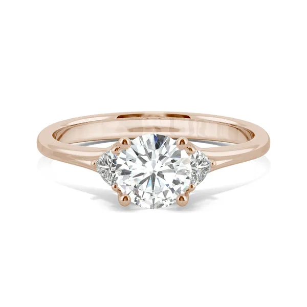 0.99 CTW DEW Round Forever One Moissanite Hearts & Arrows Round Three Stone Ring in 14K Rose Gold