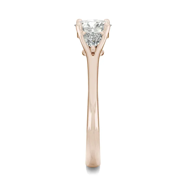 0.99 CTW DEW Round Forever One Moissanite Hearts & Arrows Round Three Stone Ring in 14K Rose Gold