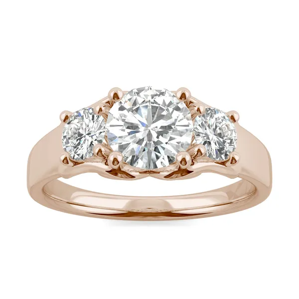 1.52 CTW DEW Round Forever One Moissanite Three Stone Moissanite Ring in 14K Rose Gold