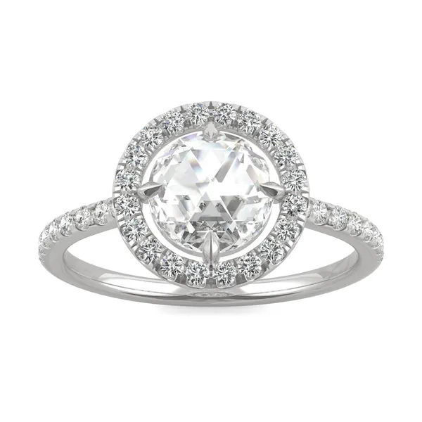1.56 CTW DEW Round Forever One Moissanite Duet Rose Halo Ring in 14K White Gold