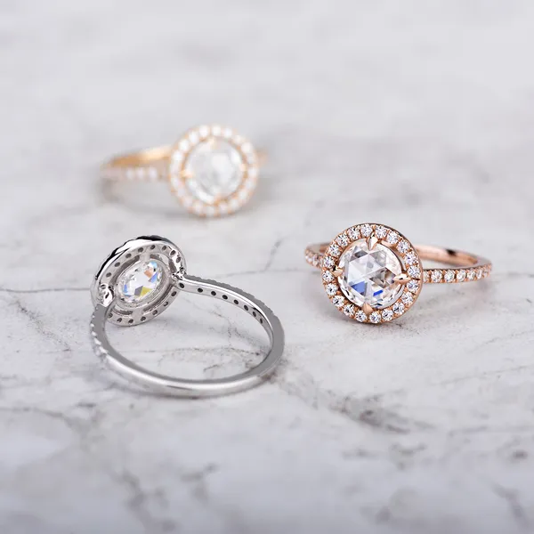 1.56 CTW DEW Round Forever One Moissanite Duet Rose Halo Ring in 14K White Gold