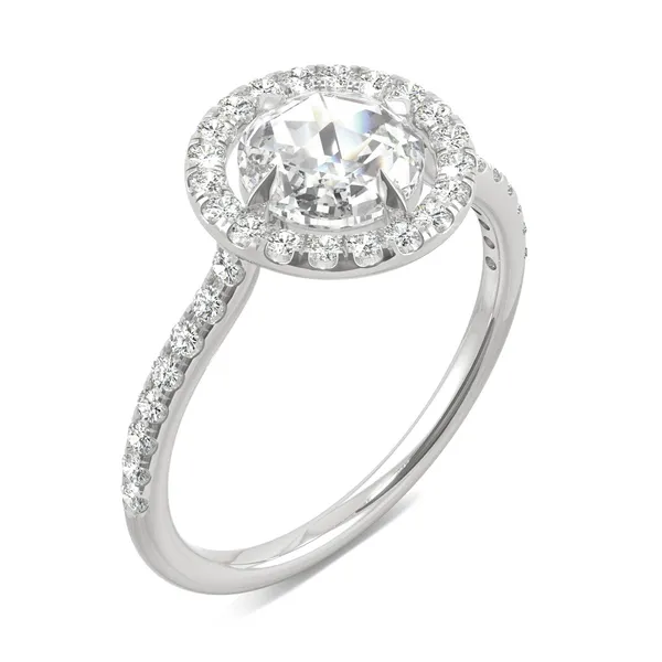 1.56 CTW DEW Round Forever One Moissanite Duet Rose Halo Ring in 14K White Gold
