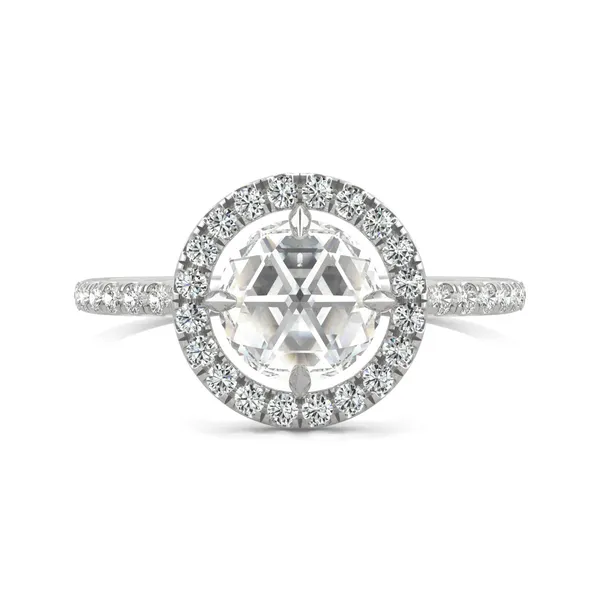 1.56 CTW DEW Round Forever One Moissanite Duet Rose Halo Ring in 14K White Gold