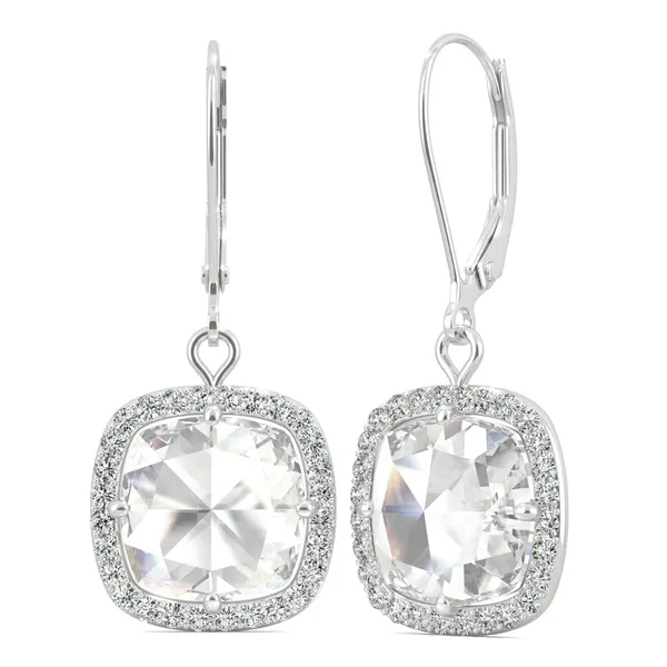 4.25 CTW DEW Cushion Forever One Moissanite Halo Drop Earrings in 14K White Gold